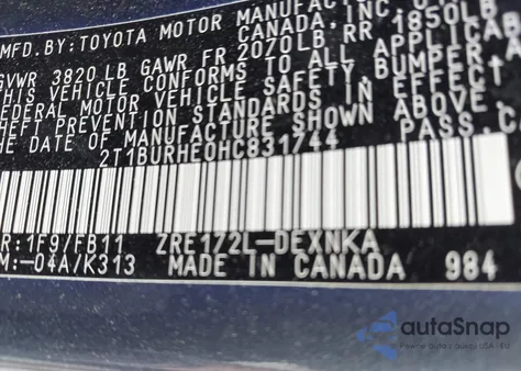 2017 Toyota Corolla Le из США, поврежденный, VIN 2T1BURHE0HC831744